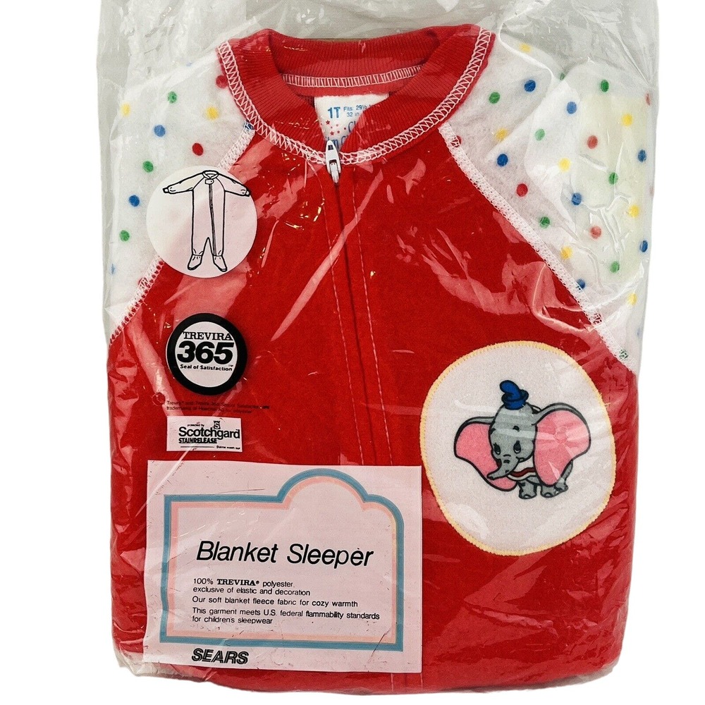 Vintage Sears 1T Dumbo Baby Blanket Sleeper Red‎ Fleece Polka Dot Zip Footed NOS